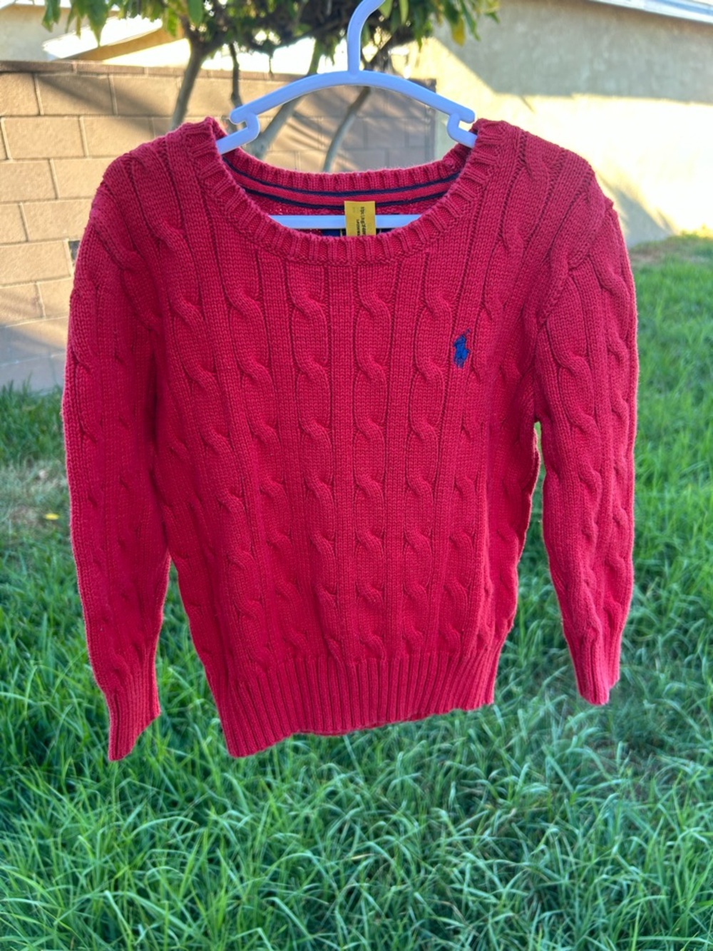 Ralph Lauren Red Cable Knit Cotton Crewneck Sweater